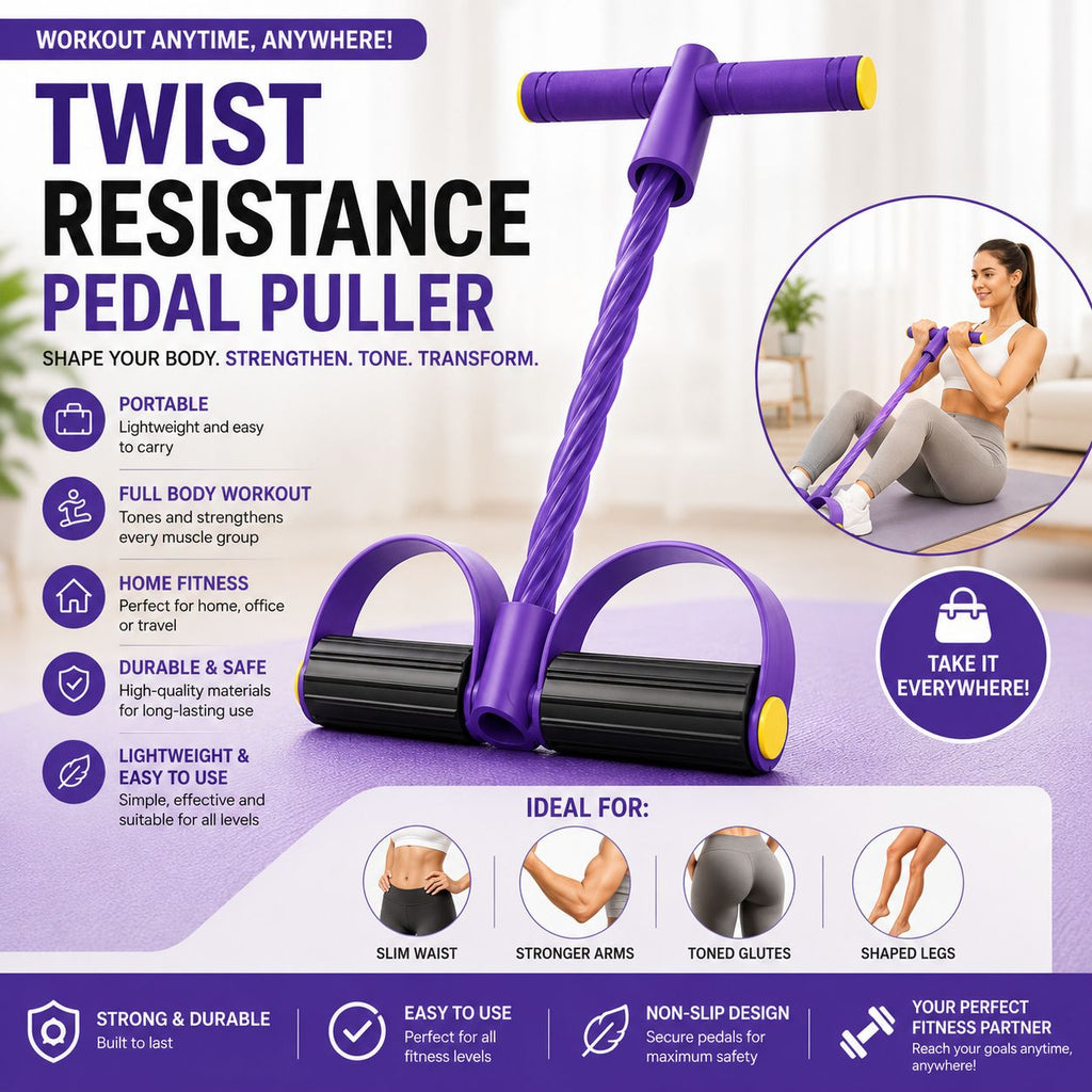 Ejercitador de resistencia con pedal y bandas elásticas para entrenamiento de cuerpo completo.