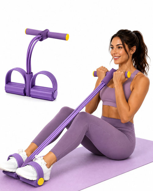 Mujer haciendo ejercicio con bandas de resistencia elásticas de 6 tubos y pedales, para entrenamiento de cuerpo completo.