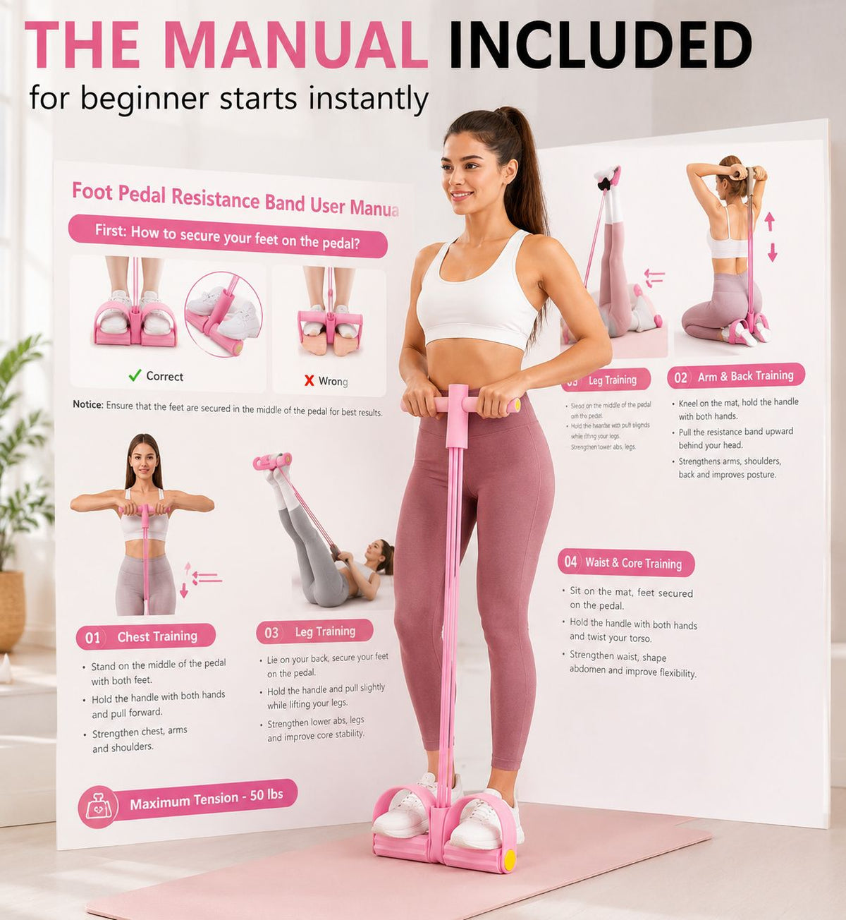 Ahora para esta
Manual de instrucciones incluido para bandas de resistencia con pedal y asas, con ejercicios para brazos, piernas, pecho y abdomen.