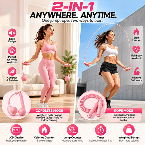 2-in-1 Jump Rope with Weighted Handles and LCD Display – Digital, Cordless and Corded Modes for Cardio Training